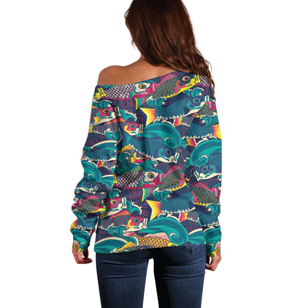 Japan Koinobori Off Shoulder Sweater Japanese Koi Flag Waves Pattern