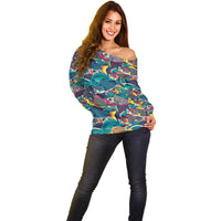Japan Koinobori Off Shoulder Sweater Japanese Koi Flag Waves Pattern