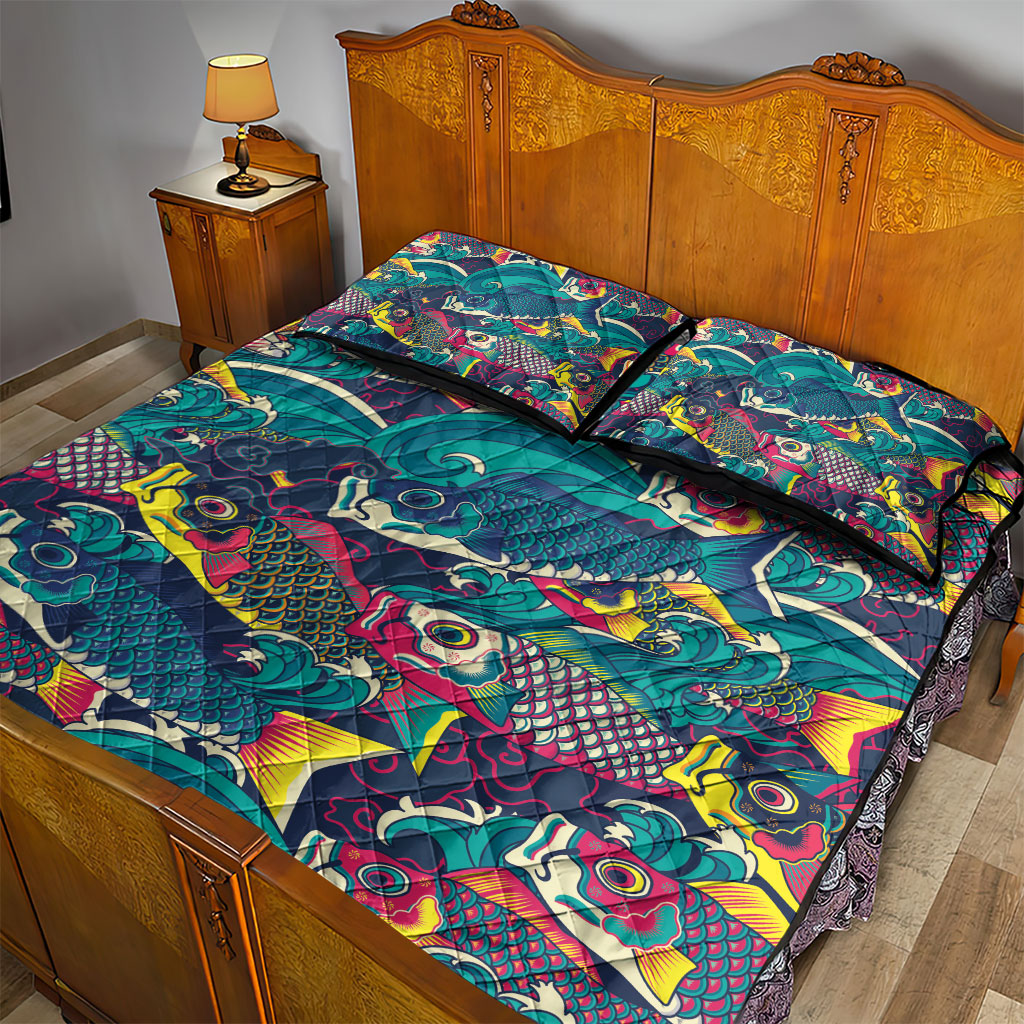 Japan Koinobori Quilt Bed Set Japanese Koi Flag Waves Pattern