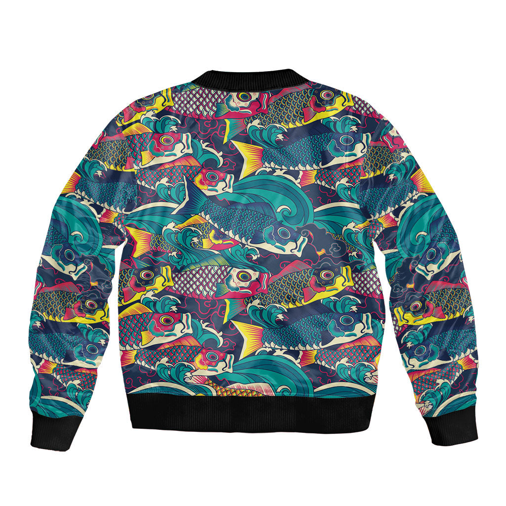 Japan Koinobori Sleeve Zip Bomber Jacket Japanese Koi Flag Waves Pattern