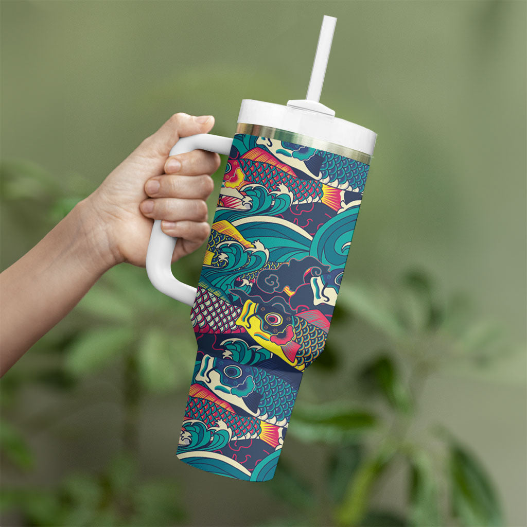 Japan Koinobori Tumbler With Handle Japanese Koi Flag Waves Pattern