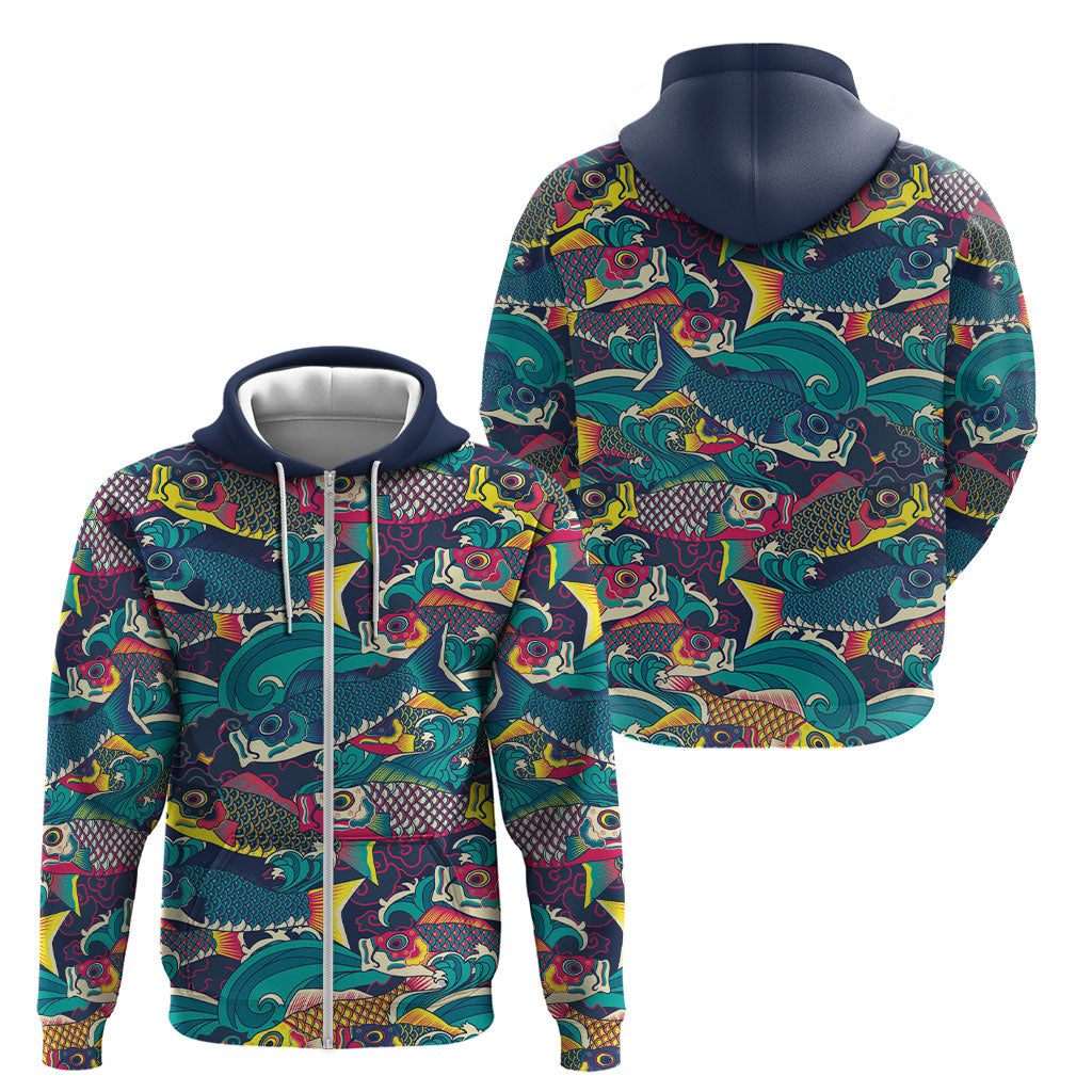 Japan Koinobori Zip Hoodie Japanese Koi Flag Waves Pattern