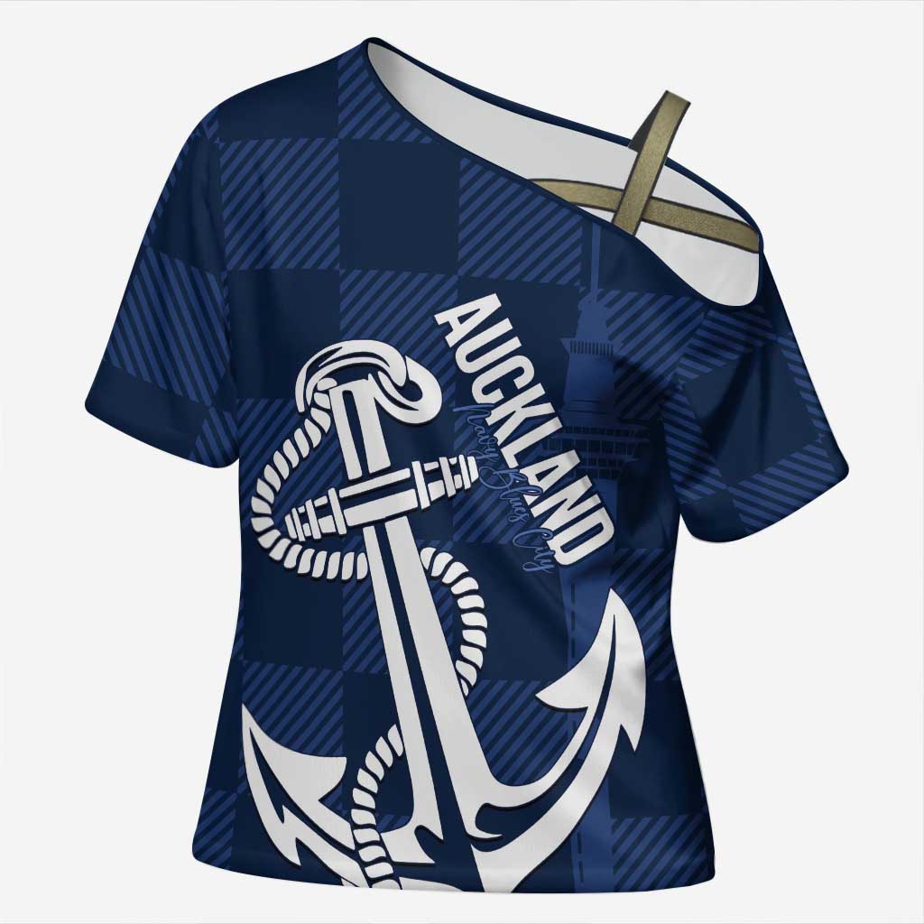 New Zealand Auckland Football Custom Cross Shoulder Shirt Navy Blue City Anchor Sky Tower Symbol LT14 Female Navy Blue - Polynesian Pride