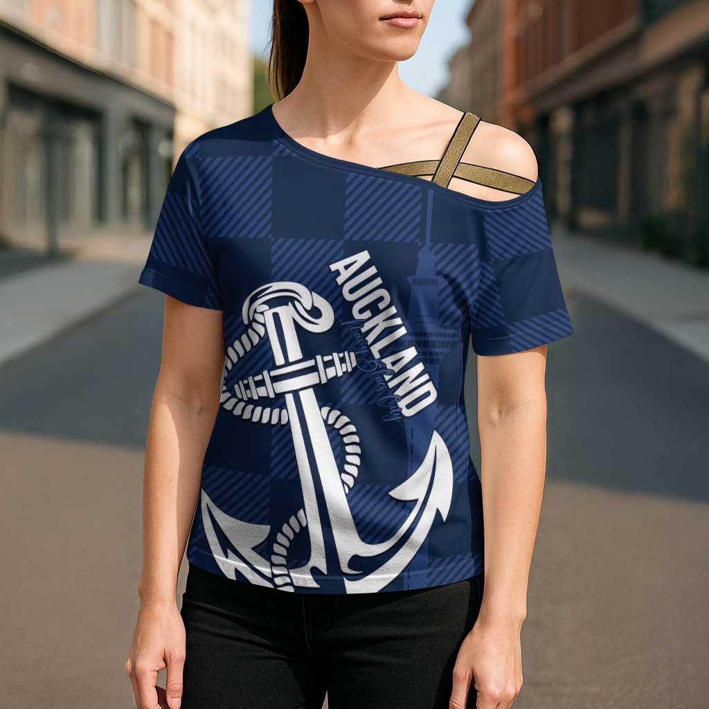 New Zealand Auckland Football Custom Cross Shoulder Shirt Navy Blue City Anchor Sky Tower Symbol LT14 - Polynesian Pride