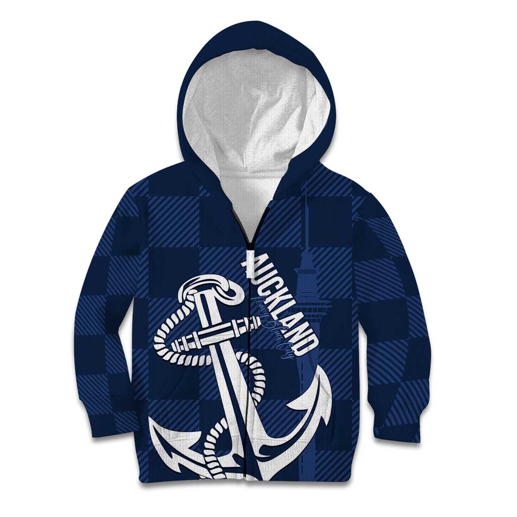 New Zealand Auckland Football Custom Kid Hoodie Navy Blue City Anchor Sky Tower Symbol LT14 Zip Hoodie Navy Blue - Polynesian Pride