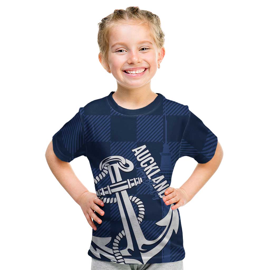 New Zealand Auckland Football Custom Kid T Shirt Navy Blue City Anchor Sky Tower Symbol LT14 Navy Blue - Polynesian Pride
