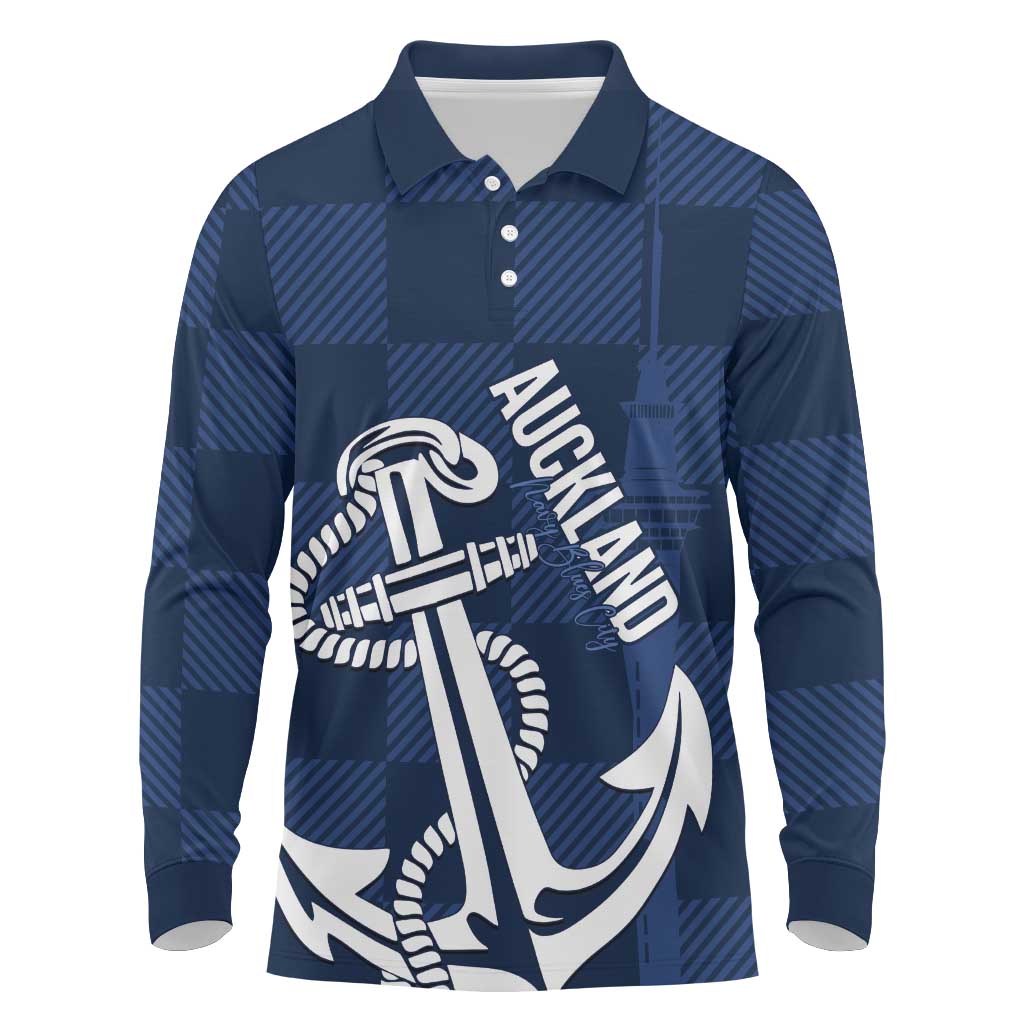 New Zealand Auckland Football Custom Long Sleeve Polo Shirt Navy Blue City Anchor Sky Tower Symbol LT14 Navy Blue - Polynesian Pride