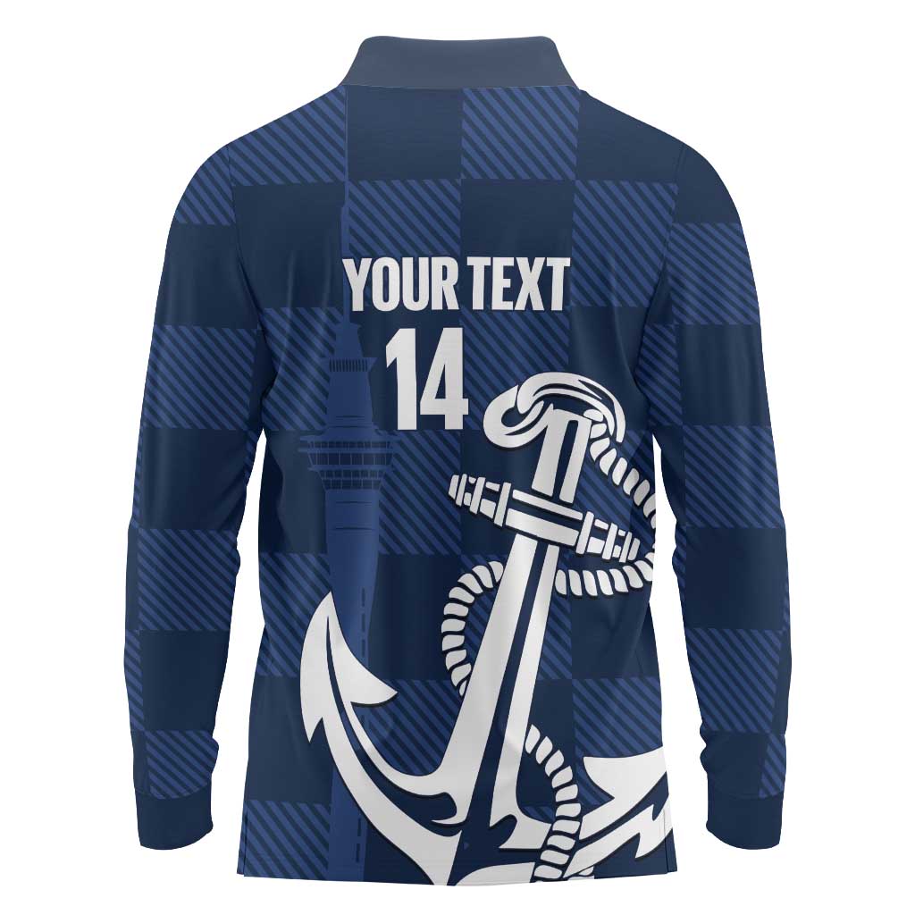 New Zealand Auckland Football Custom Long Sleeve Polo Shirt Navy Blue City Anchor Sky Tower Symbol LT14 - Polynesian Pride