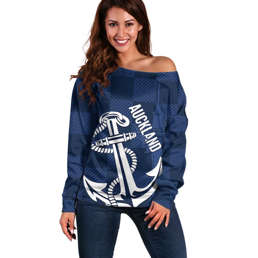 New Zealand Auckland Football Custom Off Shoulder Sweater Navy Blue City Anchor Sky Tower Symbol LT14 Women Navy Blue - Polynesian Pride