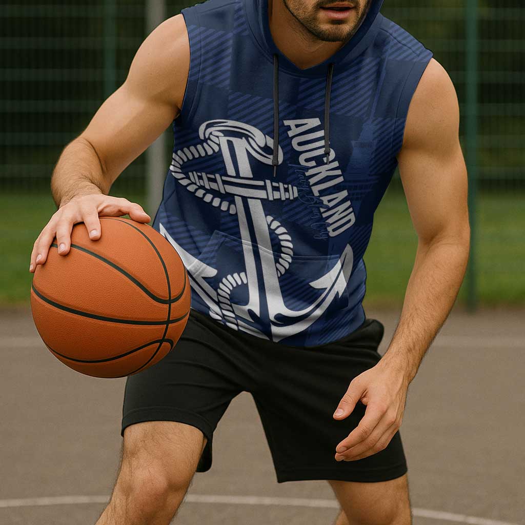 New Zealand Auckland Football Custom Sleeveless Hoodie Navy Blue City Anchor Sky Tower Symbol LT14 - Polynesian Pride