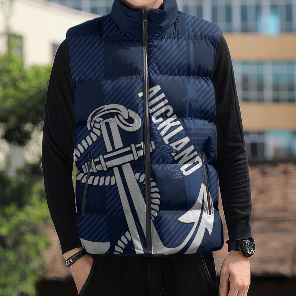 New Zealand Auckland Football Custom Sleeveless Puffer Jacket Navy Blue City Anchor Sky Tower Symbol LT14 - Polynesian Pride