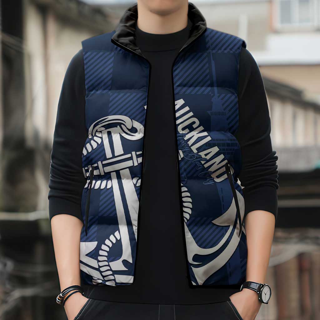 New Zealand Auckland Football Custom Sleeveless Puffer Jacket Navy Blue City Anchor Sky Tower Symbol LT14 - Polynesian Pride