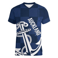 New Zealand Auckland Football Custom Women V-Neck T-Shirt Navy Blue City Anchor Sky Tower Symbol LT14 Female Navy Blue - Polynesian Pride
