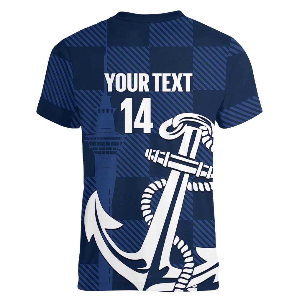 New Zealand Auckland Football Custom Women V-Neck T-Shirt Navy Blue City Anchor Sky Tower Symbol LT14 - Polynesian Pride