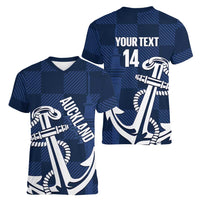 New Zealand Auckland Football Custom Women V-Neck T-Shirt Navy Blue City Anchor Sky Tower Symbol LT14 - Polynesian Pride