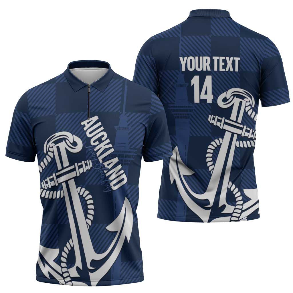 New Zealand Auckland Football Custom Zipper Polo Shirt Navy Blue City Anchor Sky Tower Symbol LT14 - Polynesian Pride