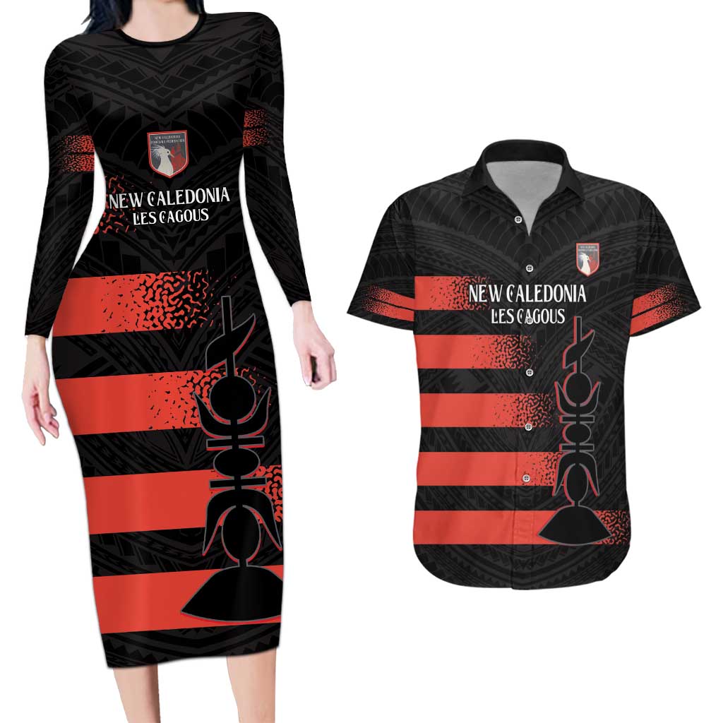 Custom New Caledonia Football Couples Matching Long Sleeve Bodycon Dress and Hawaiian Shirt Allez Les Cagous Polynesian Pattern LT14 Black - Polynesian Pride