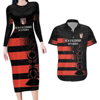 Custom New Caledonia Football Couples Matching Long Sleeve Bodycon Dress and Hawaiian Shirt Allez Les Cagous Polynesian Pattern LT14 Black - Polynesian Pride
