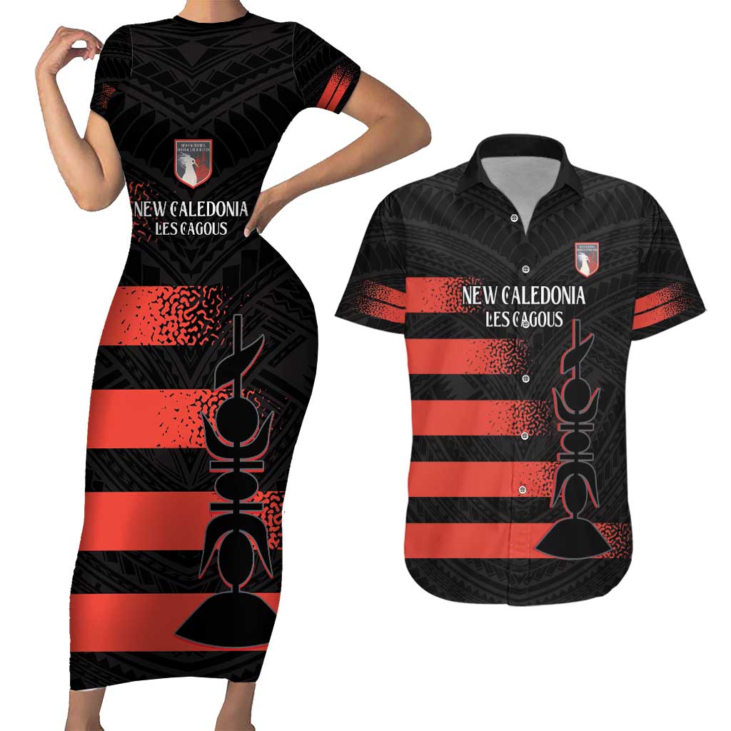 Custom New Caledonia Football Couples Matching Short Sleeve Bodycon Dress and Hawaiian Shirt Allez Les Cagous Polynesian Pattern LT14 Black - Polynesian Pride