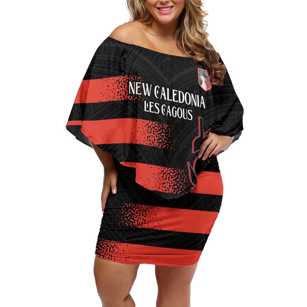 Custom New Caledonia Football Family Matching Off Shoulder Short Dress and Hawaiian Shirt Allez Les Cagous Polynesian Pattern LT14 Mom's Dress Black - Polynesian Pride