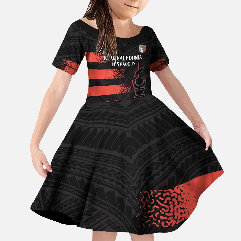 Custom New Caledonia Football Family Matching Short Sleeve Bodycon Dress and Hawaiian Shirt Allez Les Cagous Polynesian Pattern LT14 Daughter's Dress Black - Polynesian Pride