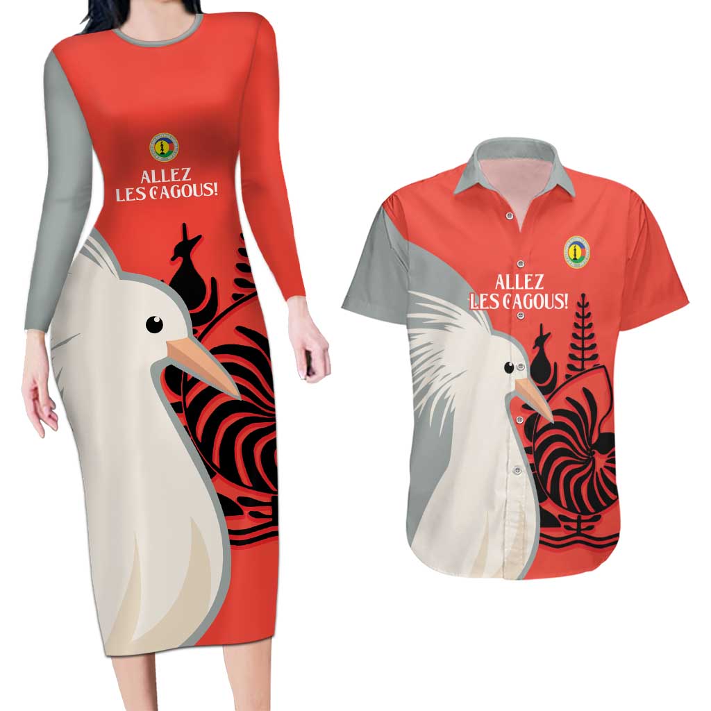 Custom Nouvelle-Caledonie Football Couples Matching Long Sleeve Bodycon Dress and Hawaiian Shirt Allez Les Cagous Simple Style LT14 Red - Polynesian Pride