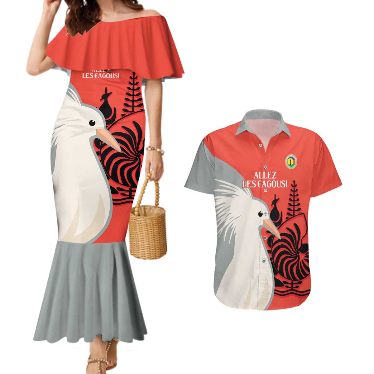 Custom Nouvelle-Caledonie Football Couples Matching Mermaid Dress and Hawaiian Shirt Allez Les Cagous Simple Style LT14 Red - Polynesian Pride