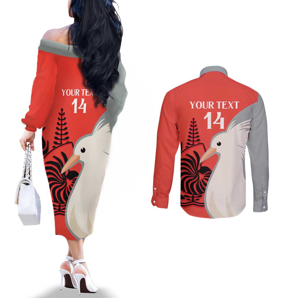 Custom Nouvelle-Caledonie Football Couples Matching Off The Shoulder Long Sleeve Dress and Long Sleeve Button Shirt Allez Les Cagous Simple Style LT14 - Polynesian Pride