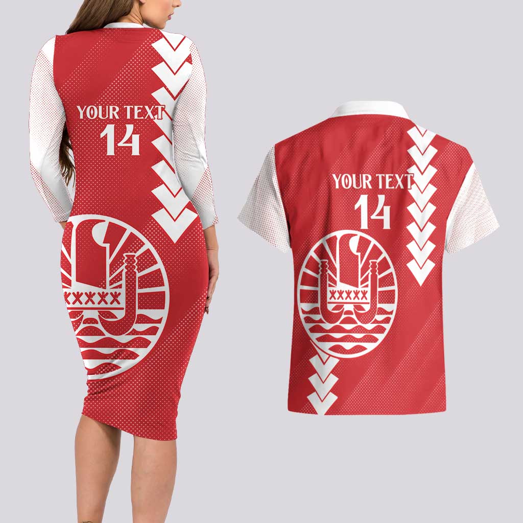 Custom Tahiti Football Couples Matching Long Sleeve Bodycon Dress and Hawaiian Shirt Go Toa Aito LT14 - Polynesian Pride