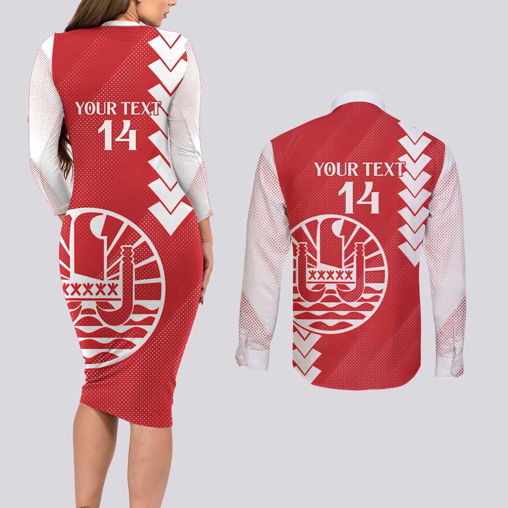 Custom Tahiti Football Couples Matching Long Sleeve Bodycon Dress and Long Sleeve Button Shirt Go Toa Aito LT14 - Polynesian Pride