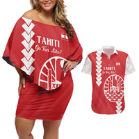 Custom Tahiti Football Couples Matching Off Shoulder Short Dress and Hawaiian Shirt Go Toa Aito LT14 Red - Polynesian Pride