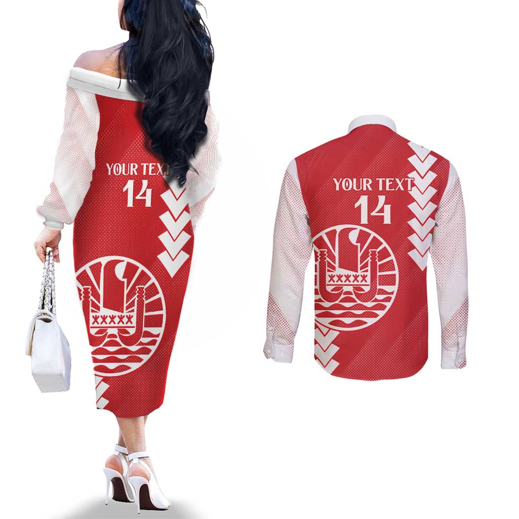 Custom Tahiti Football Couples Matching Off The Shoulder Long Sleeve Dress and Long Sleeve Button Shirt Go Toa Aito LT14 - Polynesian Pride