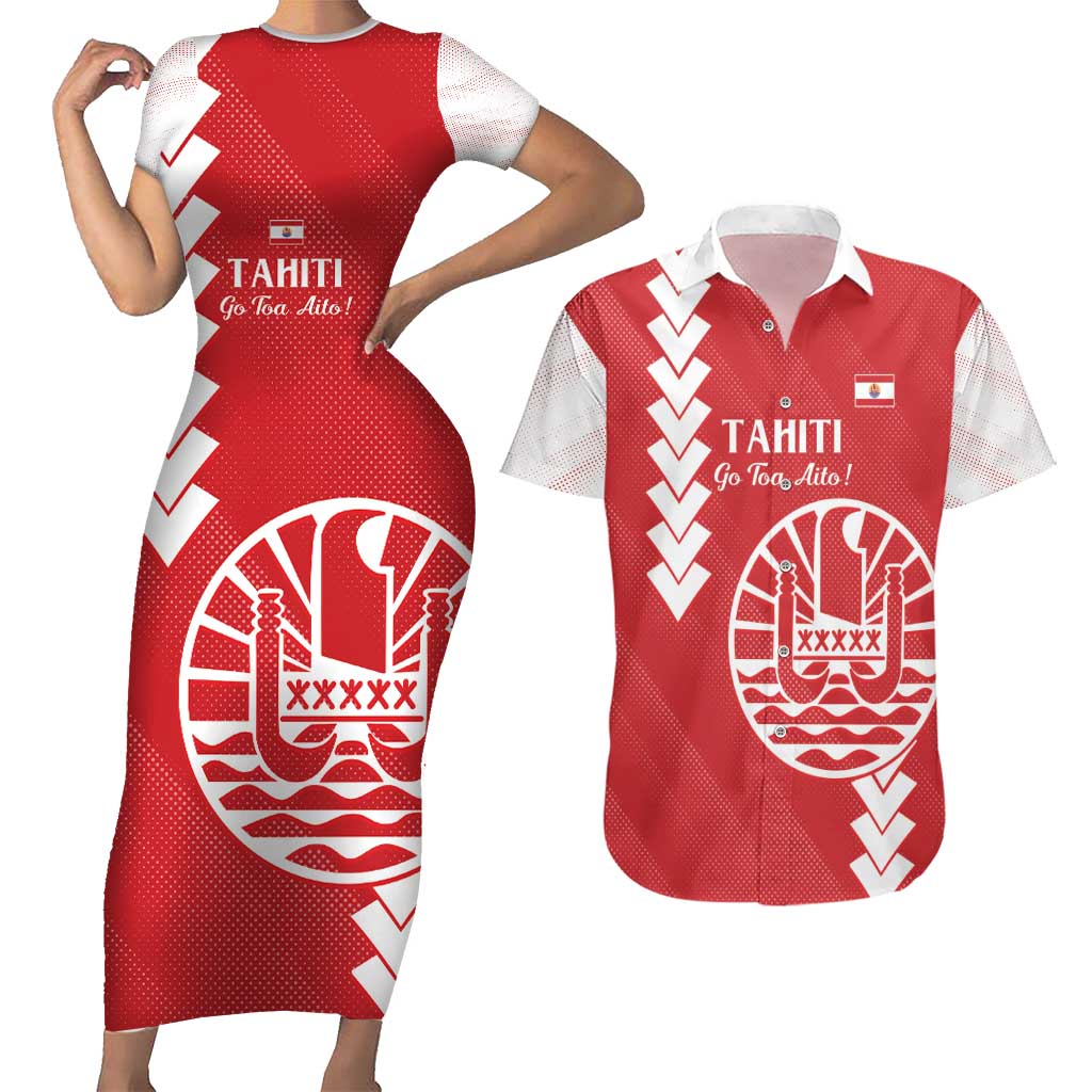 Custom Tahiti Football Couples Matching Short Sleeve Bodycon Dress and Hawaiian Shirt Go Toa Aito LT14 Red - Polynesian Pride