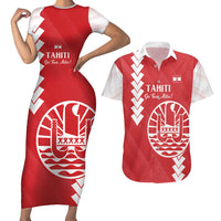 Custom Tahiti Football Couples Matching Short Sleeve Bodycon Dress and Hawaiian Shirt Go Toa Aito LT14 Red - Polynesian Pride
