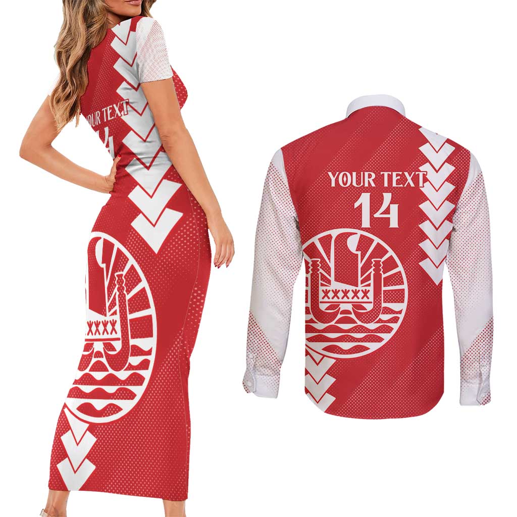Custom Tahiti Football Couples Matching Short Sleeve Bodycon Dress and Long Sleeve Button Shirt Go Toa Aito LT14 - Polynesian Pride