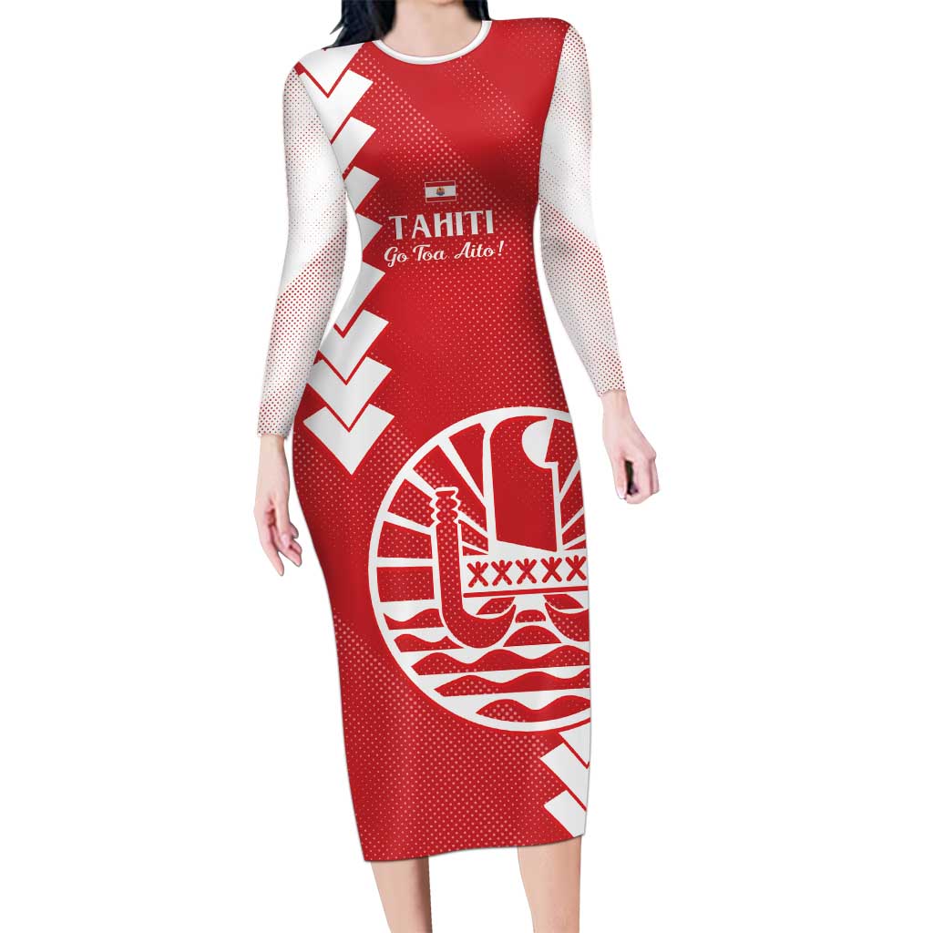 Custom Tahiti Football Family Matching Long Sleeve Bodycon Dress and Hawaiian Shirt Go Toa Aito LT14 Mom's Dress Red - Polynesian Pride