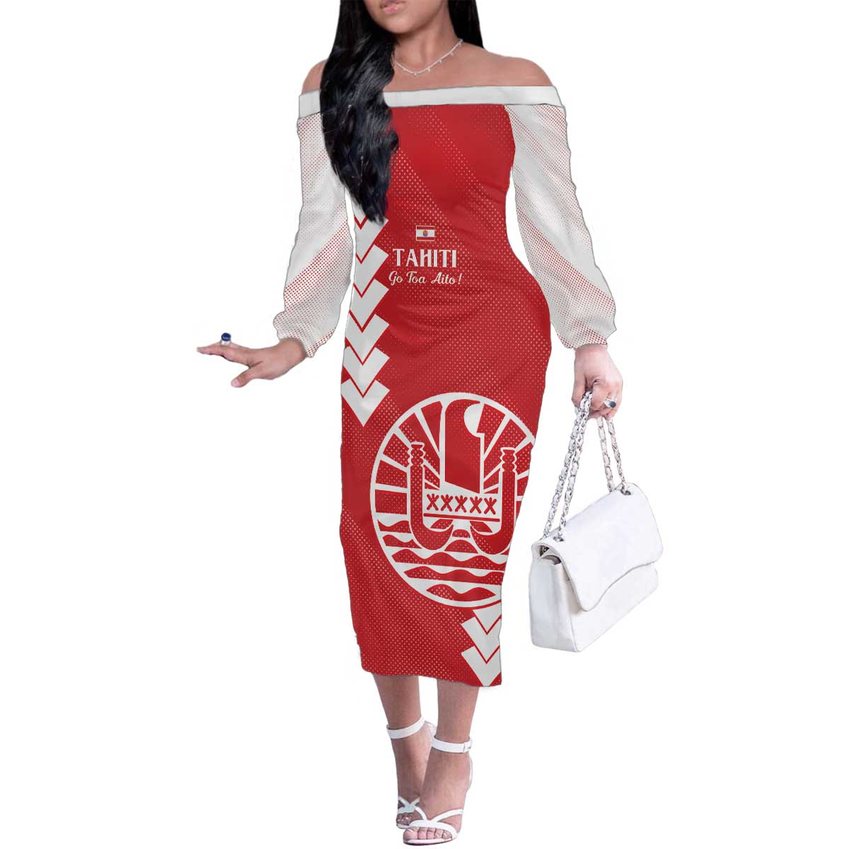 Custom Tahiti Football Family Matching Off The Shoulder Long Sleeve Dress and Hawaiian Shirt Go Toa Aito LT14 Mom's Dress Red - Polynesian Pride