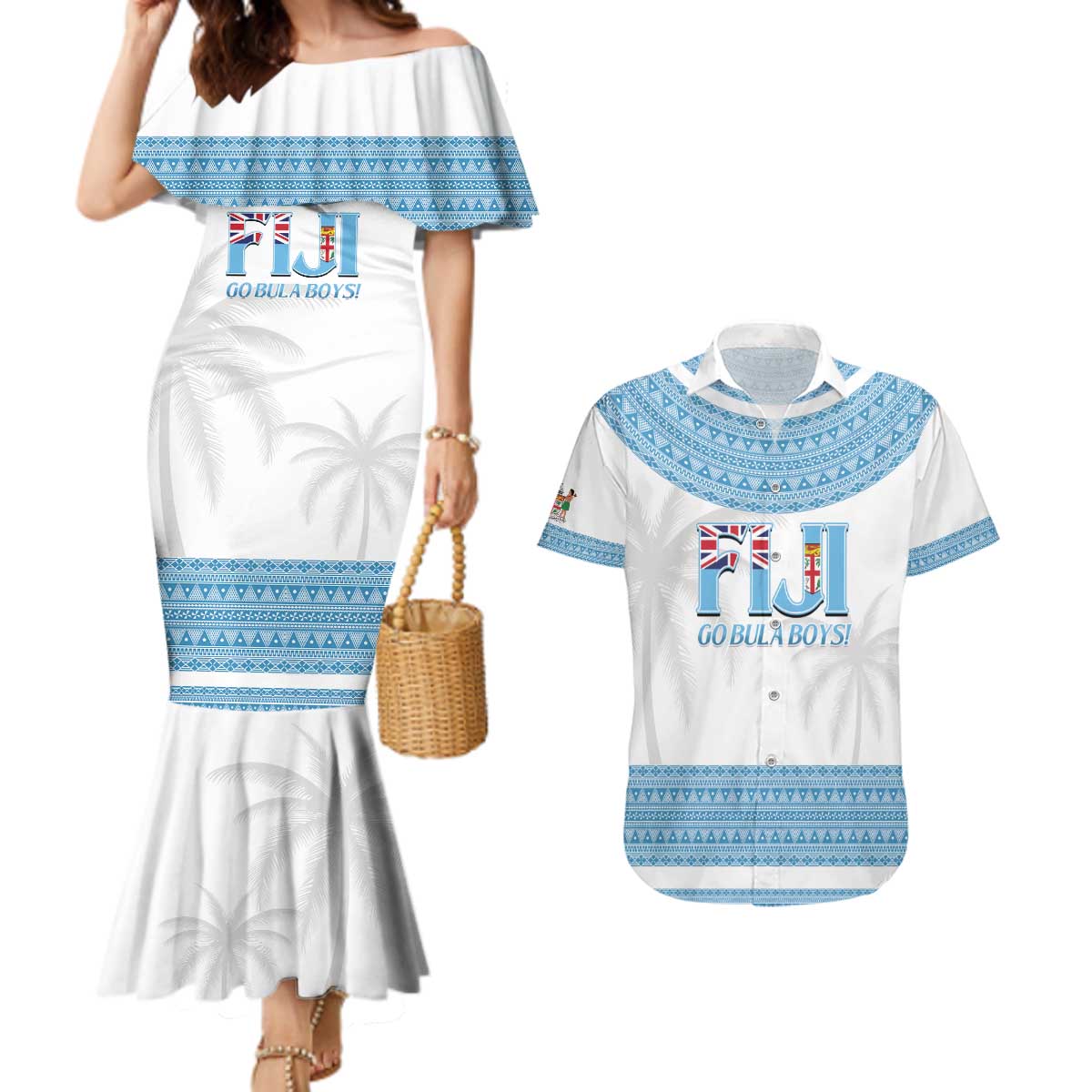 Custom Fiji Tapa Football Couples Matching Mermaid Dress and Hawaiian Shirt Go Bula Boy! LT14 White - Polynesian Pride