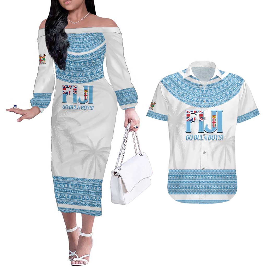 Custom Fiji Tapa Football Couples Matching Off The Shoulder Long Sleeve Dress and Hawaiian Shirt Go Bula Boy! LT14 White - Polynesian Pride