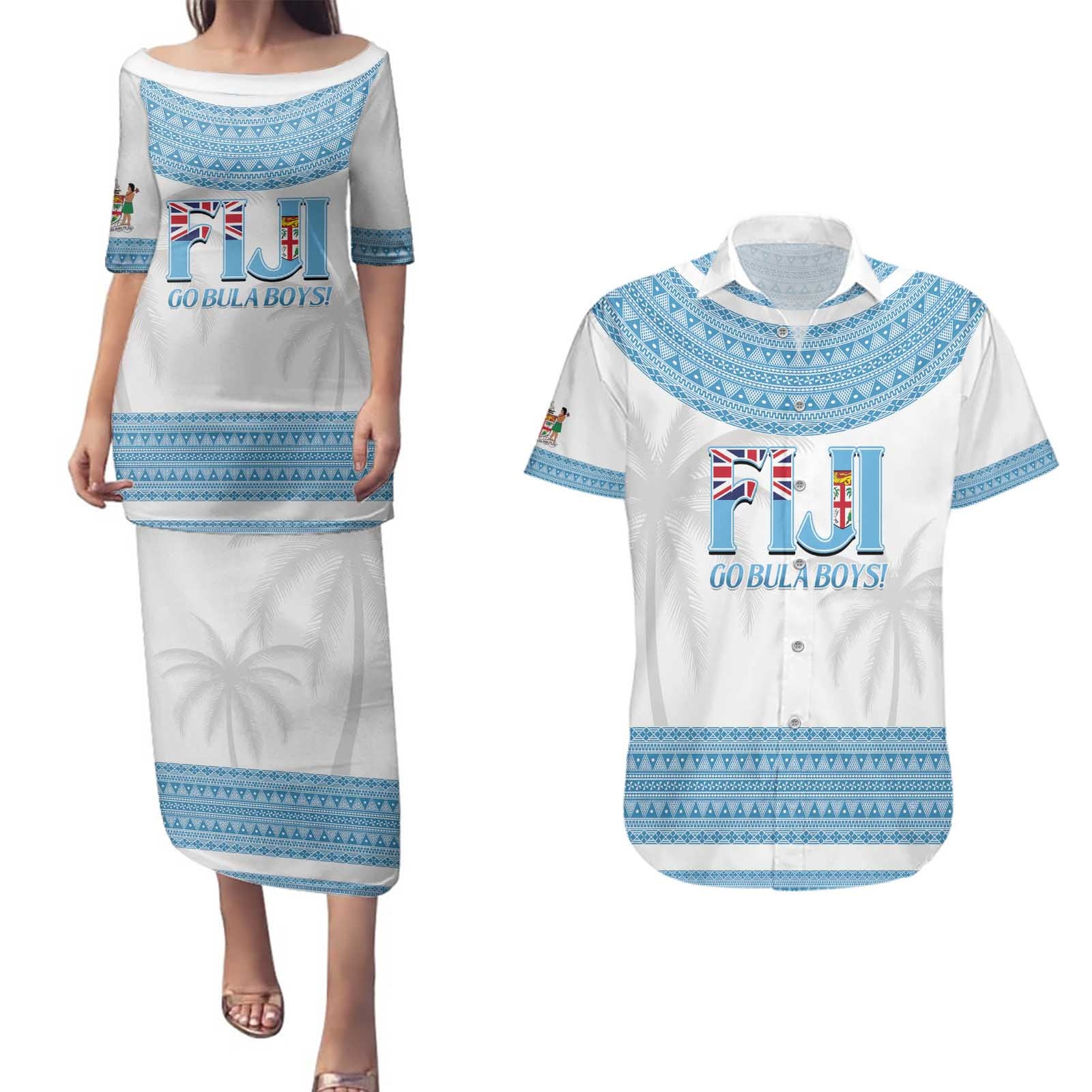 Custom Fiji Tapa Football Couples Matching Puletasi and Hawaiian Shirt Go Bula Boy!