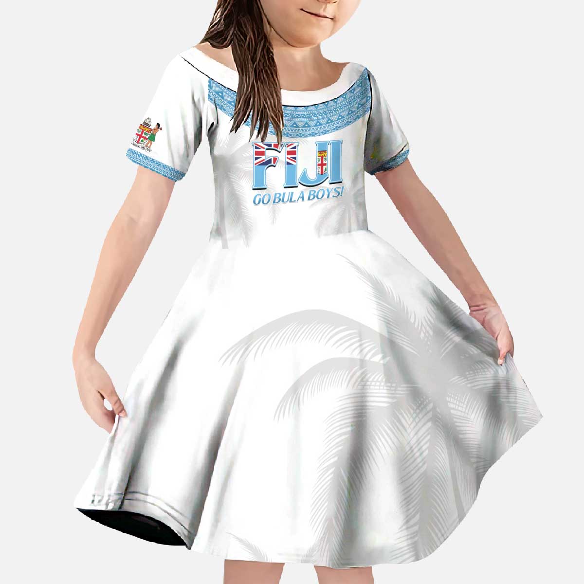 Custom Fiji Tapa Football Family Matching Off The Shoulder Long Sleeve Dress and Hawaiian Shirt Go Bula Boy! LT14 Daughter's Dress White - Polynesian Pride