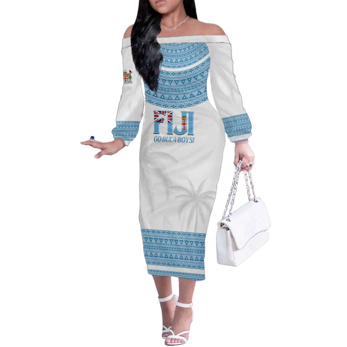 Custom Fiji Tapa Football Family Matching Off The Shoulder Long Sleeve Dress and Hawaiian Shirt Go Bula Boy! LT14 Mom's Dress White - Polynesian Pride