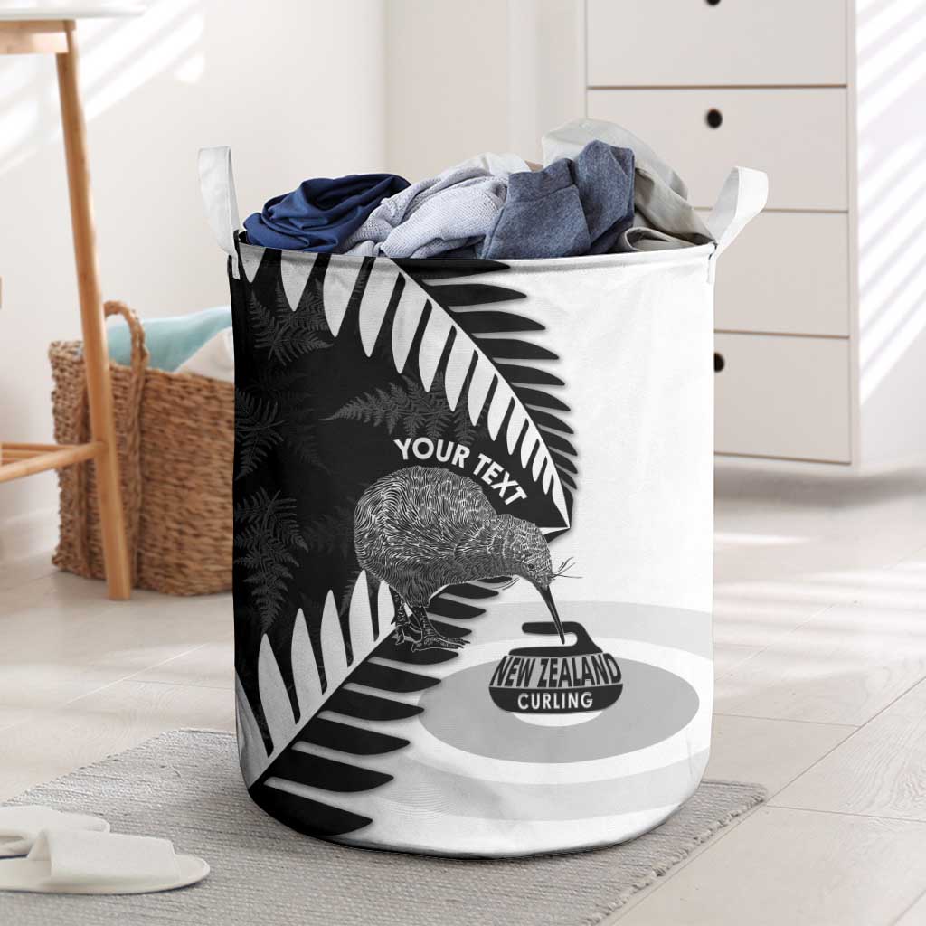 New Zealand Silver Fern Curling Personalised Laundry Basket Aotearoa Kiwi Ponga Black White Version - Polynesian Pride