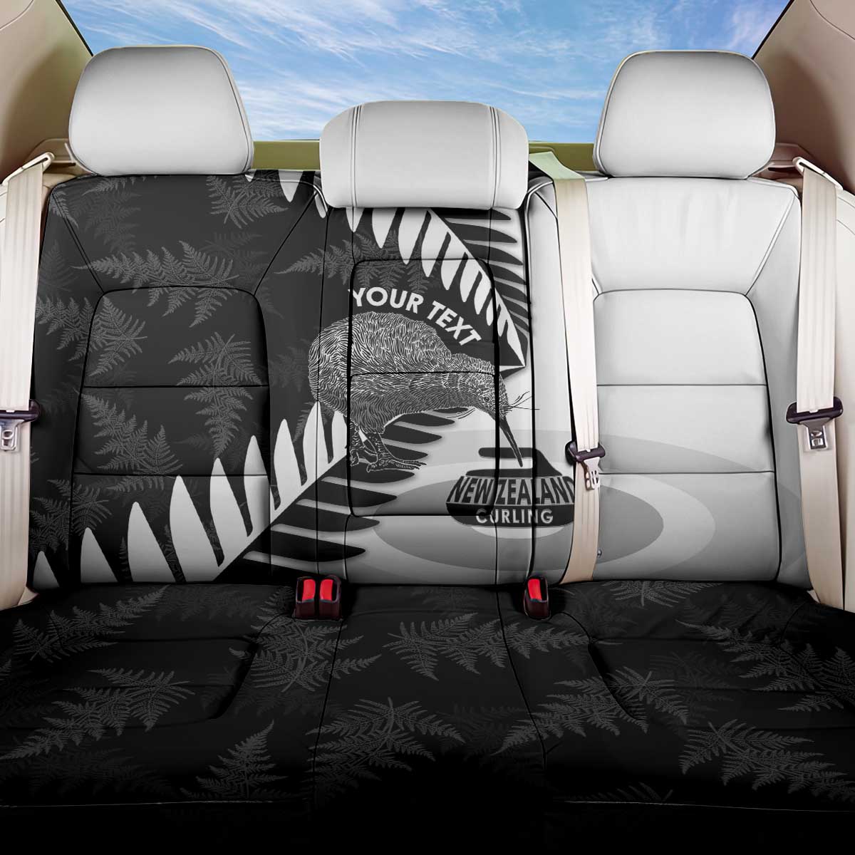 New Zealand Silver Fern Curling Personalised Back Car Seat Cover Aotearoa Kiwi Ponga Black White Version - Polynesian Pride