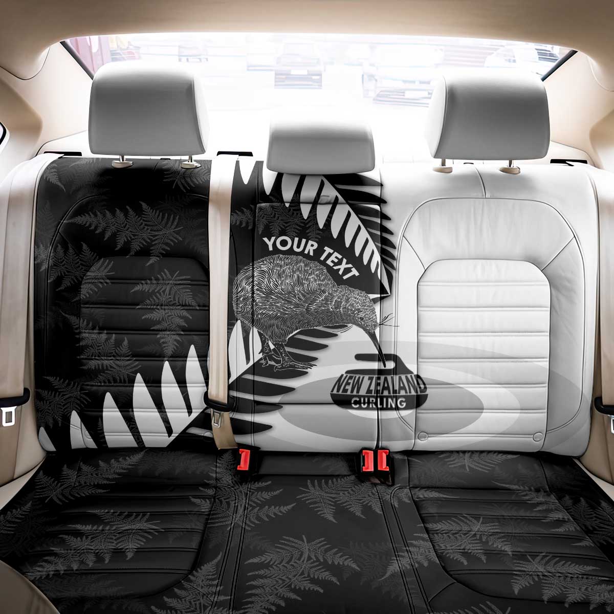 New Zealand Silver Fern Curling Personalised Back Car Seat Cover Aotearoa Kiwi Ponga Black White Version - Polynesian Pride