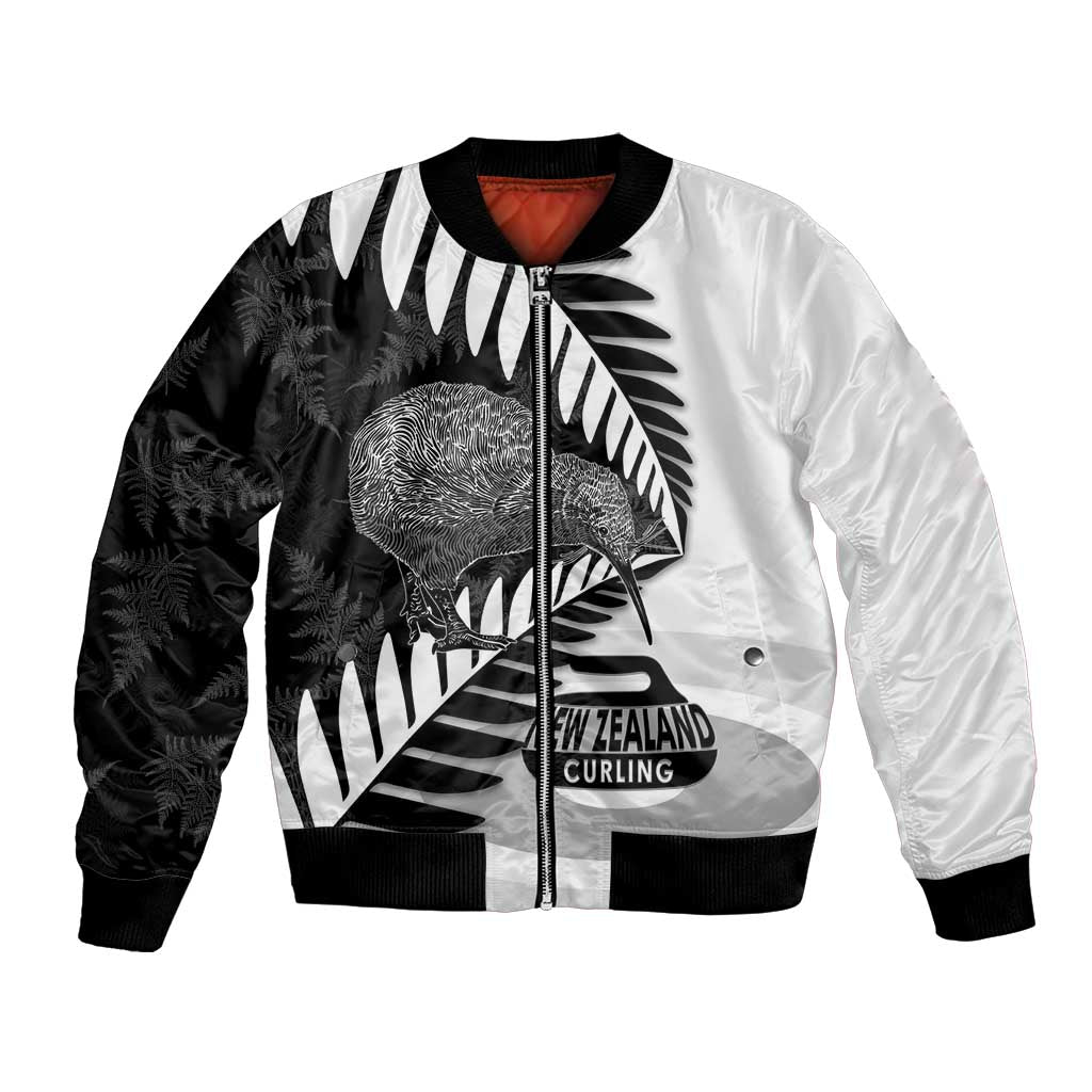New Zealand Silver Fern Curling Personalised Bomber Jacket Aotearoa Kiwi Ponga Black White Version - Polynesian Pride