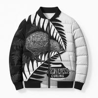 New Zealand Silver Fern Curling Personalised Bomber Puffer Jacket Aotearoa Kiwi Ponga Black White Version - Polynesian Pride