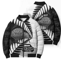 New Zealand Silver Fern Curling Personalised Bomber Puffer Jacket Aotearoa Kiwi Ponga Black White Version - Polynesian Pride