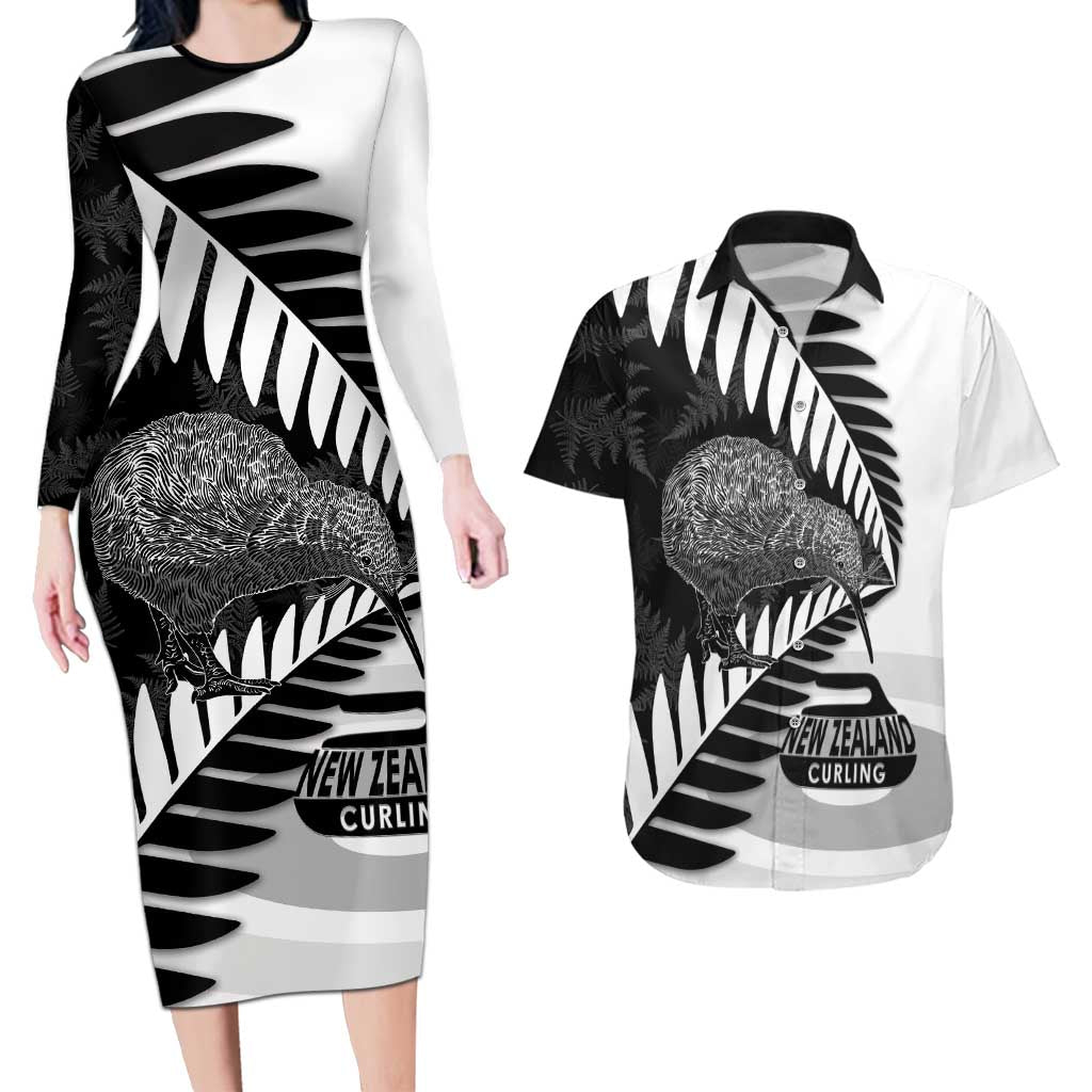 New Zealand Silver Fern Curling Personalised Couples Matching Long Sleeve Bodycon Dress and Hawaiian Shirt Aotearoa Kiwi Ponga Black White Version LT14 Black - Polynesian Pride