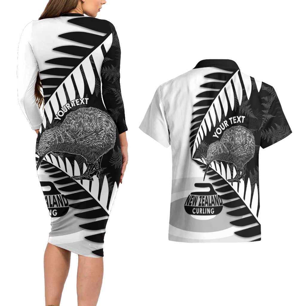 New Zealand Silver Fern Curling Personalised Couples Matching Long Sleeve Bodycon Dress and Hawaiian Shirt Aotearoa Kiwi Ponga Black White Version LT14 - Polynesian Pride
